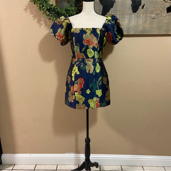 NWOT Lulus So Stunning Navy Blue Floral Jacquard Puff Sleeve Mini Dress - Picture 6 of 11